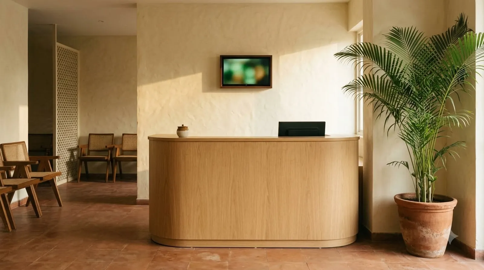 Sample photo: an empty clinic reception with a curved oak desk, cream plaster walls and a potted palm