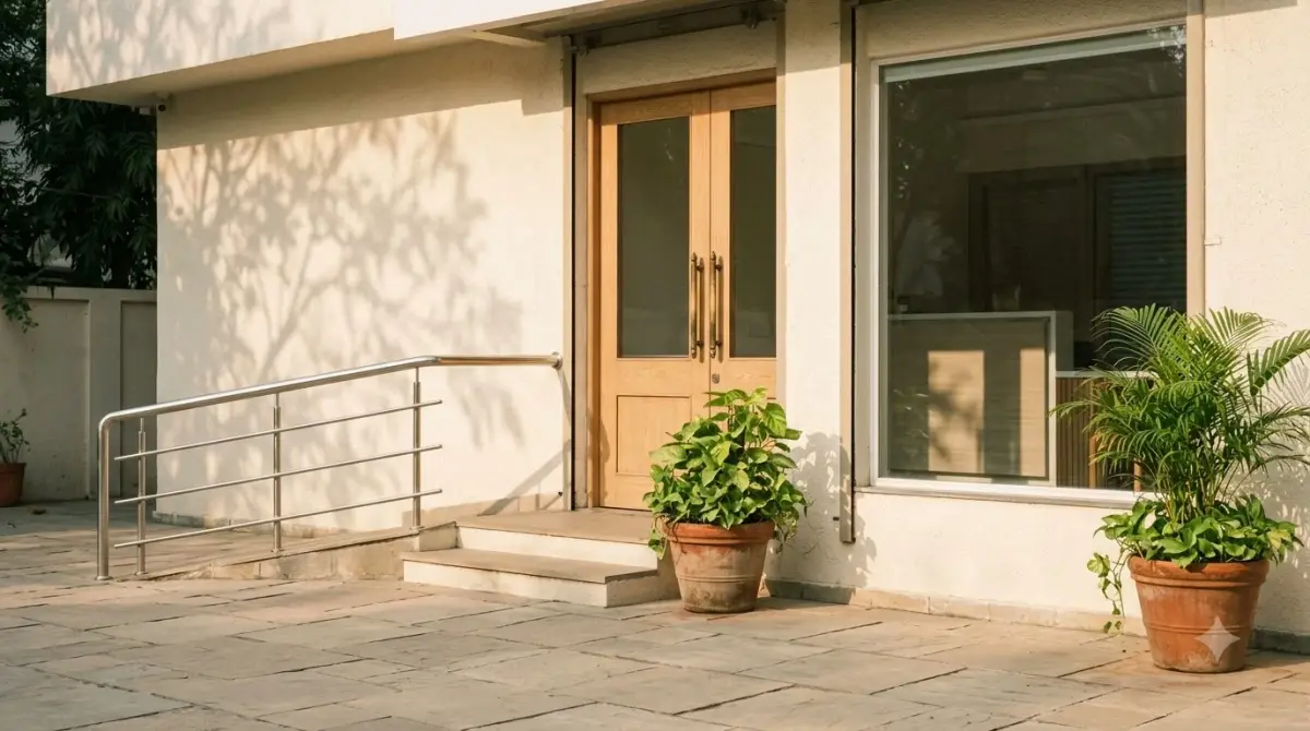 Sample photo: a cream plaster clinic entrance with an oak double door, a ramp with a steel rail and two potted plants